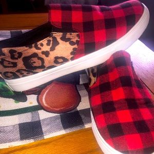 Buffalo plaid and animal print casual shoes. Size 7 1/2